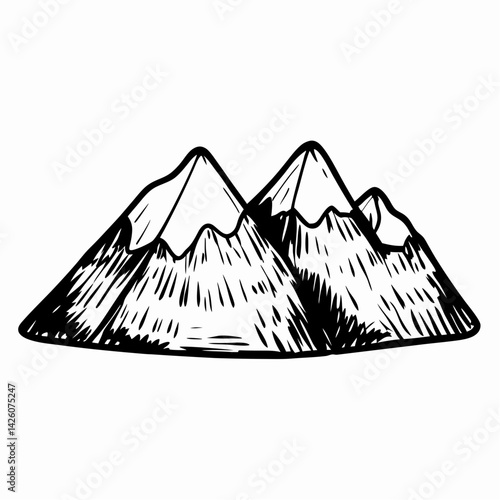 Stylized mountain range illustration showcasing peaks and snow caps against a plain background, representing nature's beauty and adventure.