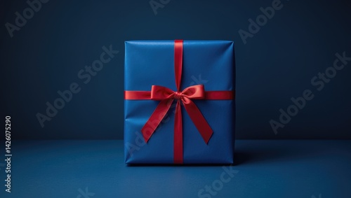 Obraz na płótnie Elegant blue gift box with red ribbon for Christmas and holiday celebrations on dark blue background w salonie