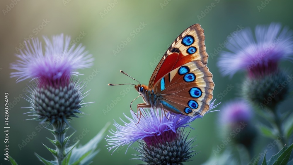 Obraz premium Close-up of a peacock butterfly feeding on purple wildflower in a lush meadow during summer