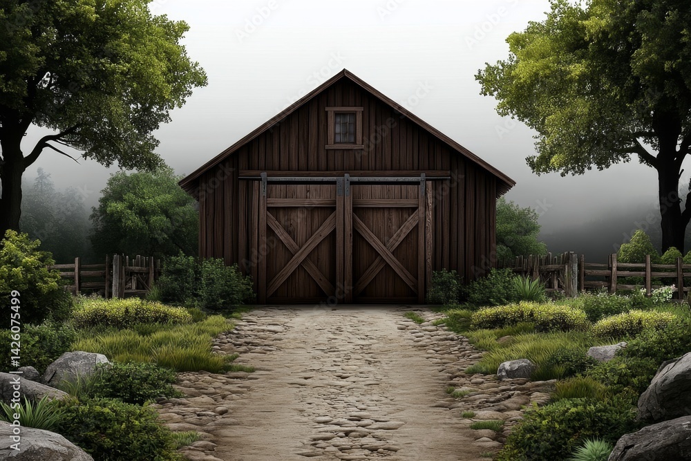a 2D cartoon illustration of a wooden barn in a rural landscape, rustic and traditional, white background a 2D cartoon illustration of a wooden barn in a rural landscape, rustic and traditional, white background