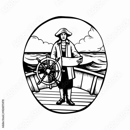 A mariner guiding a ship with confidence, holding a map amidst turbulent seas, symbolizing adventure and exploration in nautical life.