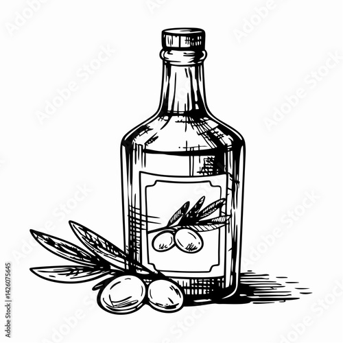 Stylized bottle of olive oil with olives and leaves illustrating natural goodness and culinary use in a minimalist design