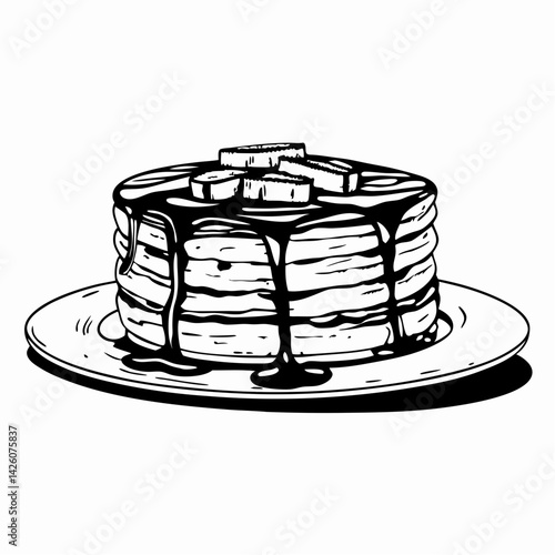 Delicious stack of pancakes drizzled with syrup and topped with bananas on a plate, representing a classic breakfast treat enjoyed any time.