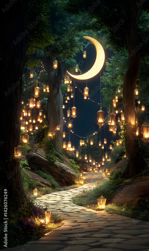 Obraz premium Enchanted moonlight pathway illuminated by magical lanterns in the serene forest scenery