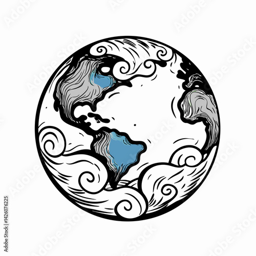 Artistic illustration of the Earth surrounded by swirling waves, representing the beauty and fragility of our planet in a creative style.