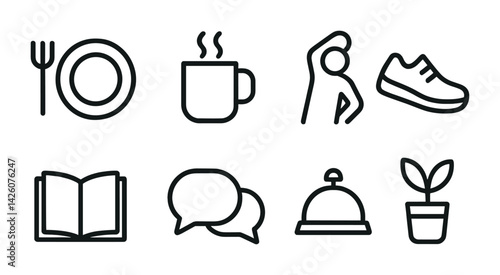 Set of 8 outline icons: dining, fitness, reading, and more for everyday use