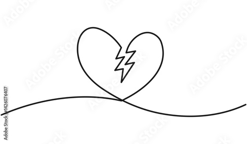 Broken heart shape continuous line art drawing. Heart wavy line. Unhappy love symbol concept. Vector illustration isolated on white.