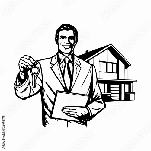 Real estate agent smiling, holding keys and a document in front of a house, representing home ownership and realty services.