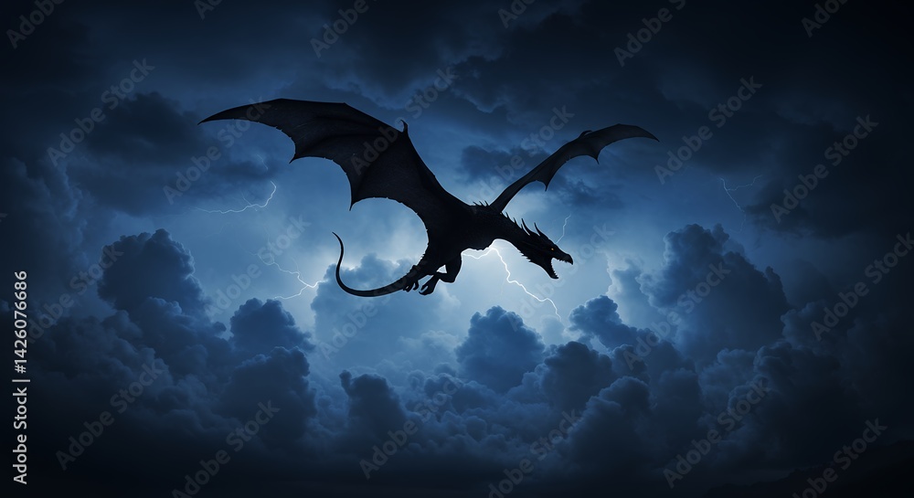 Fototapeta premium Dark dragon silhouette soaring stormy sky
