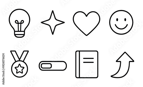 Basic outline icon set: lightbulb, star, heart, smile, medal, book, progress bar, arrow