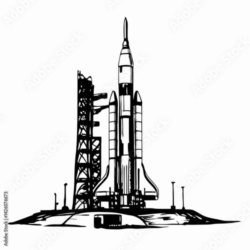 Rocket Launchpad Illustration Featuring a Towering Spaceship Ready for Liftoff Against a Minimalist Background Representing Space Exploration and Adventure.