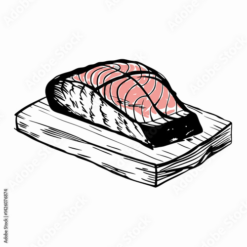 Delicious salmon fillet resting on a wooden cutting board, showcasing culinary artistry in a minimalist style, representing gourmet cuisine and the art of cooking.