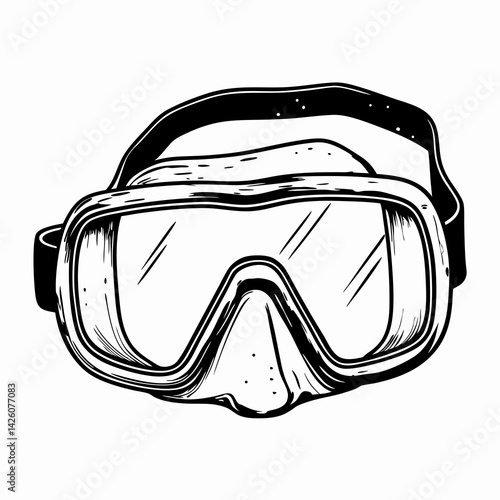 Black and white illustration of a snorkeling mask representing underwater exploration and adventure for water sports enthusiasts.