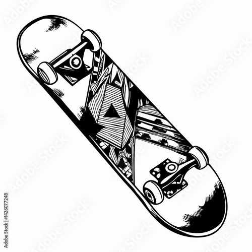 Stylish skateboard design featuring abstract art and dynamic lines in black and white, representing urban culture and freedom of movement.
