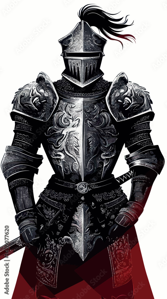 Obraz premium Gallant Knight in Ornate Armor: Flat Minimalist SVG Vector Illustration of Chivalry