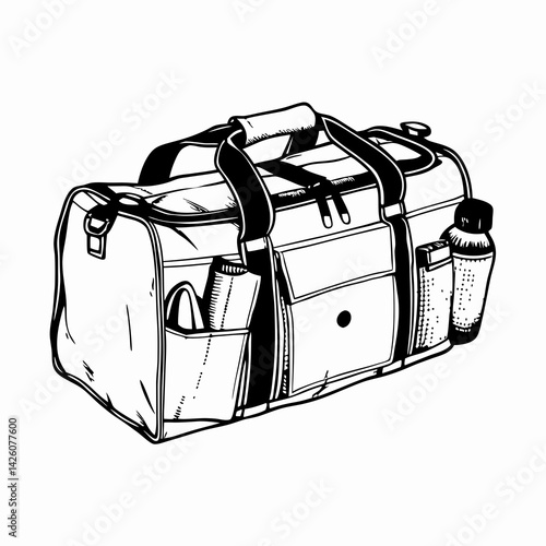 Stylish black-and-white gym bag with compartments and a water bottle, representing fitness, travel, and an active lifestyle.