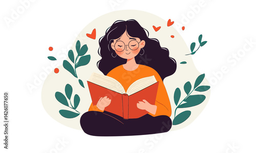 Young Girl Reading Book, Studying for Exam, Minimalist Vector Illustration