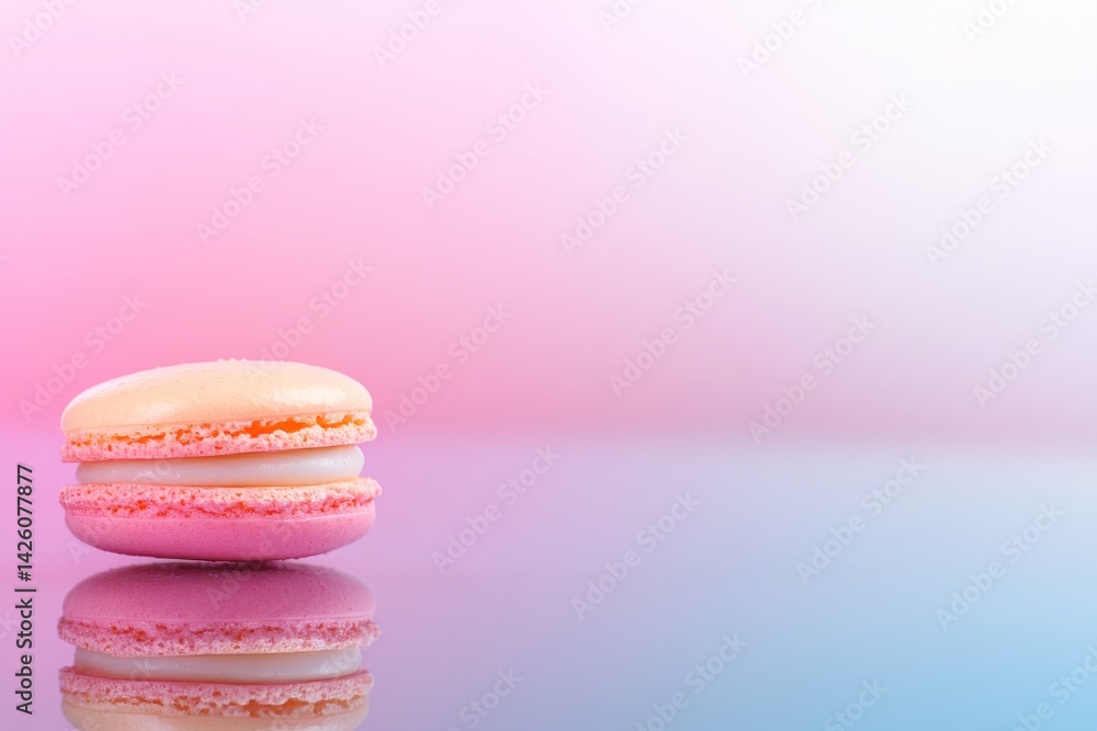 A colorful macaron hovers gracefully above a reflective surface, casting soft shadows while a dreamy pastel gradient background enhances the visual appeal A colorful macaron hovers gracefully above a reflective surface, casting soft shadows while a dreamy pastel gradient background enhances the visual appeal