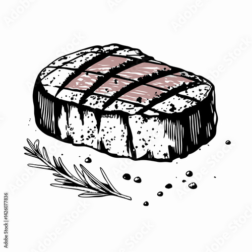 Delicious grilled steak showcasing juicy pink center with herbs and spices on a white background, representing food, culinary art, and mouthwatering dining experiences.