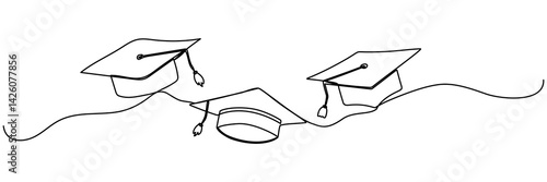 Flying graduation caps continuous line drawn. Student graduate concept. Vector illustration isolated on white.