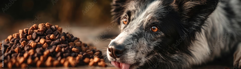 Fototapeta premium Hungry dog in dry foods mound indulging in eat concept. A dog curiously approaches a mound of dog food on the ground.