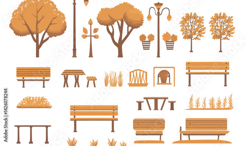 Minimalist City Park Landscape Elements: Trees, Benches, Paths in Vector Set