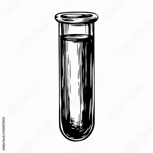 Black and white sketch of a test tube filled with liquid, depicting scientific experimentation and laboratory work, symbolizing analysis and discovery.