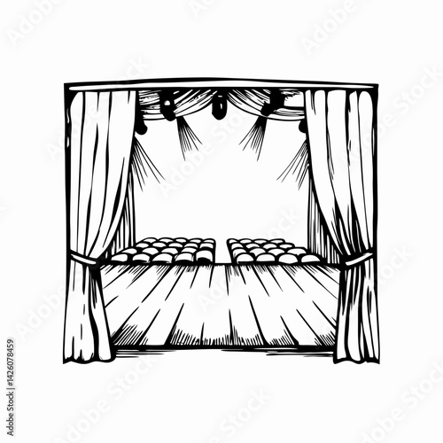Stage curtains drawn back revealing a theater stage with lights and seating, representing the excitement of performances and events in a creative environment.