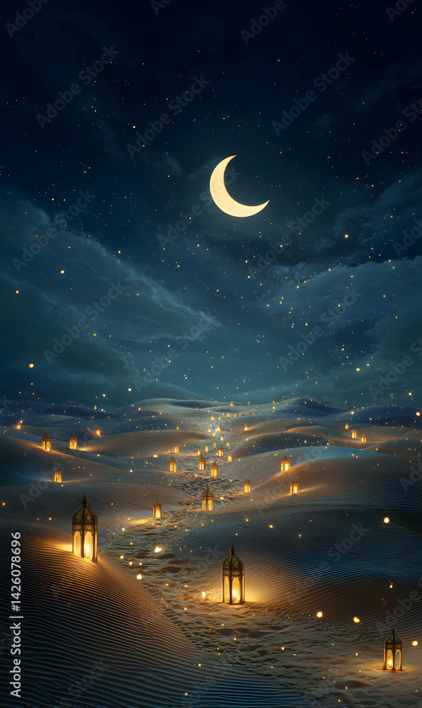 Enchanting desert pathway under a crescent moon illuminated by vintage glowing lanterns Enchanting desert pathway under a crescent moon illuminated by vintage glowing lanterns