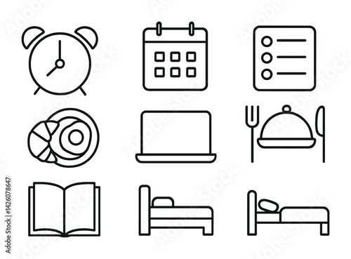 Monochrome daily routine icons set: linear style with various activity symbols