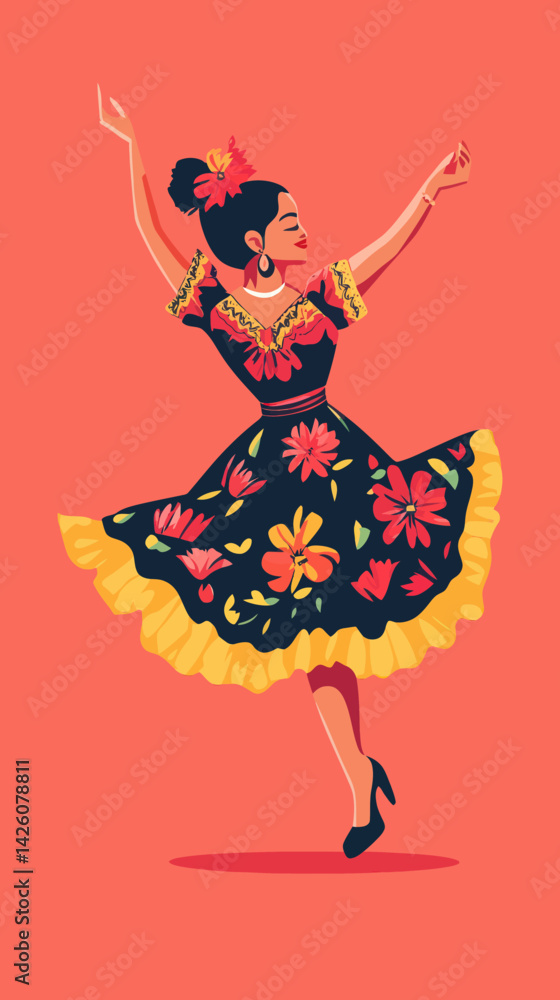 Mexican Woman Dancing in Traditional Dress Minimalist Vector Illustration Mexican Woman Dancing in Traditional Dress Minimalist Vector Illustration