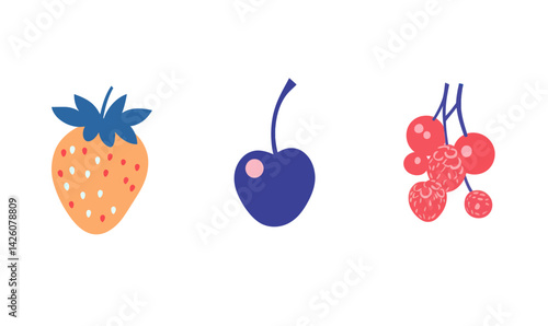 Flat Minimalist Berries Vector Illustration: Strawberry, Blueberry, Cherry, Raspberry Clipart for Food Design
