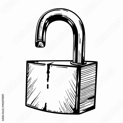 Vintage padlock illustration representing security and protection, featuring an open lock on a simple white background, symbolizing freedom or accessibility.