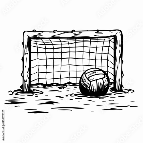 Illustration of a waterlogged soccer goal with a deflated ball, depicting a neglected game scene, representing missed opportunities and the passage of time.
