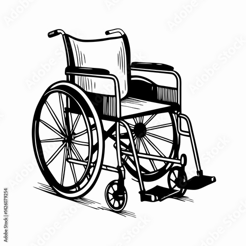 Wheelchair illustration showcasing mobility aid, black and white style representing independence and accessibility