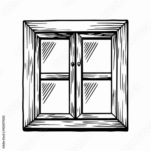 Wooden window illustration showcasing rustic charm and simplicity, representing openness and connection to nature in a hand-drawn style.