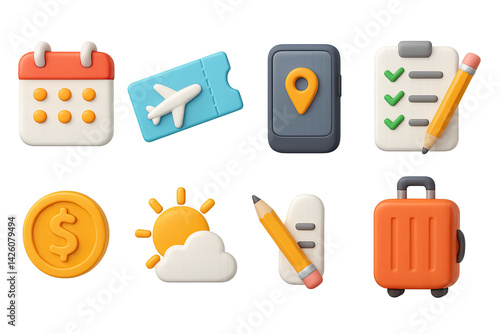 Travel and logistics 3d icons set – adventure and vacation symbols with planning: airplane ticket, calendar, map location, checklist, coin, sun, pencil, suitcase