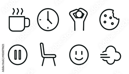 Minimalist linear icons set: relax, time, and leisure symbols in outline style