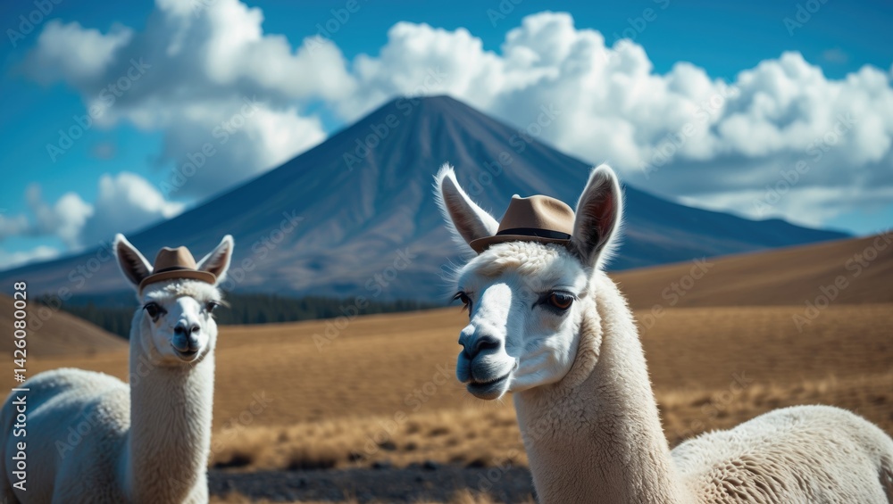Obraz premium Two white llamas in front of a dramatic volcano in Uyuni