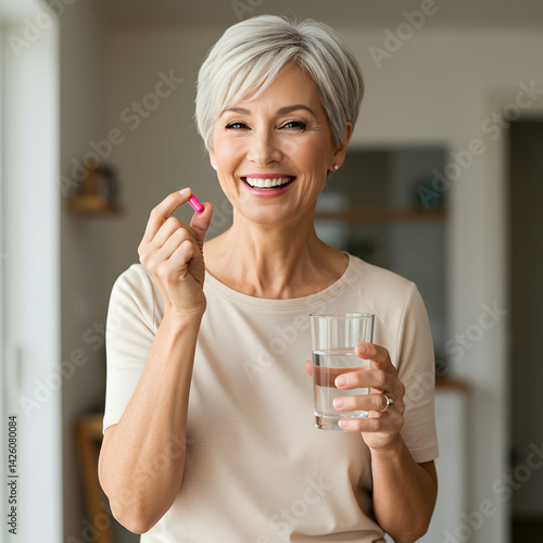 Senior Woman Taking Vitamins and Supplements with Water