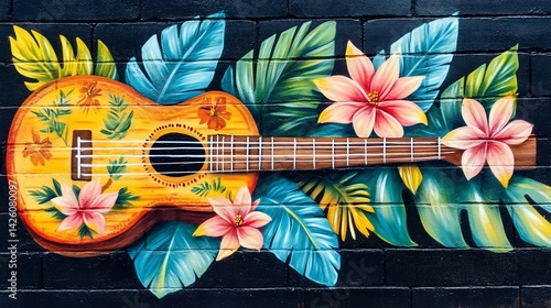 Colorful mural of a ukulele and tropical flowers painted on a brick wall