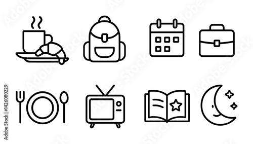 Daily routine icon set: linear black icons of coffee, backpack, calendar, briefcase