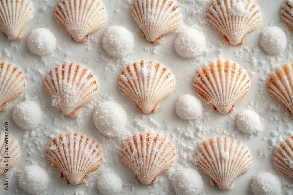 Beautiful arrangement of scallop shells and salt on a white background showcasing nature's delicate treasures Beautiful arrangement of scallop shells and salt on a white background showcasing nature's delicate treasures