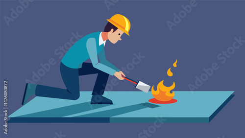 A worker using a handheld torch to heat and melt a selfadhesive waterproofing sheet onto the foundation creating a strong adhesive bond.. Vector illustration
