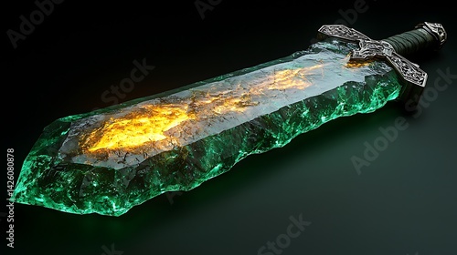 A stunning emerald sword with a glowing core, resting on a dark surface, showcasing intricate details
