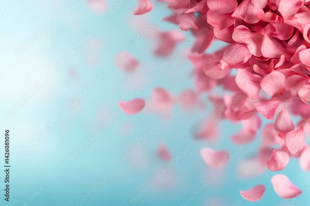 Obraz premium Delicate pink flower petals drift gracefully in the air, set against a calming pastel blue backdrop, creating a whimsical and enchanting atmosphere