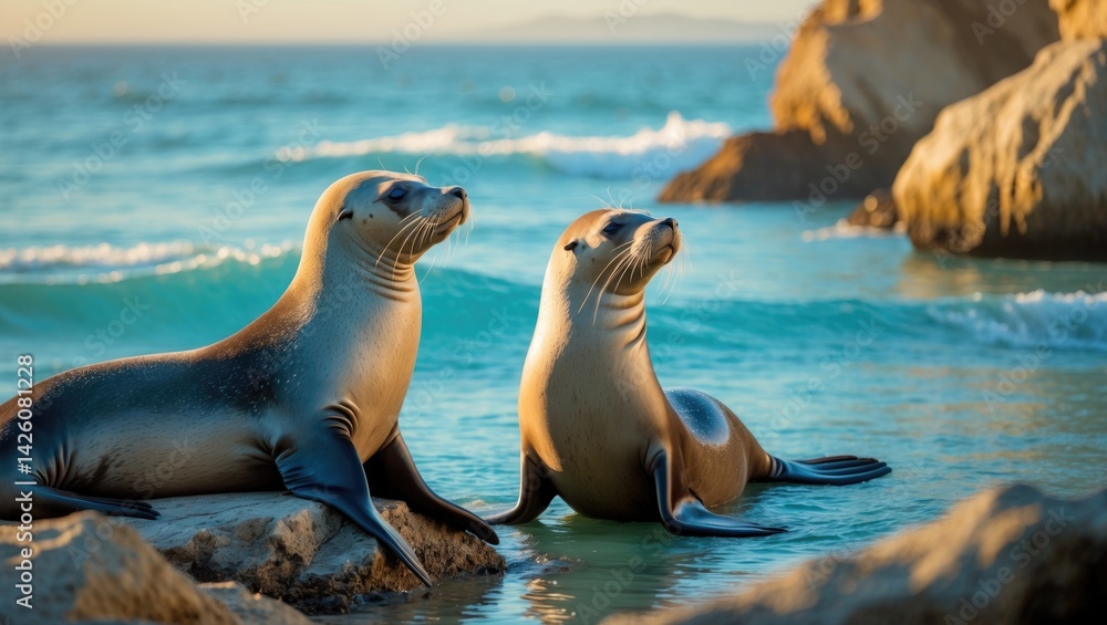 Fototapeta premium Two California Sea Lions basking on a sunlit rock with one surfacing from the ocean