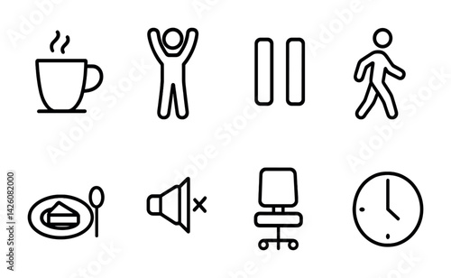 Minimalist daily life linear icon set: coffee, exercise, pause, walk, food, mute, office chair, clock