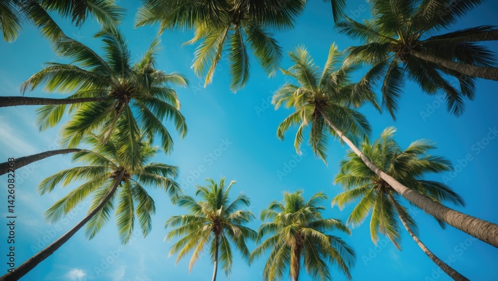 Coconut palm trees in a tropical setting with a clear blue sky overhead Coconut palm trees in a tropical setting with a clear blue sky overhead