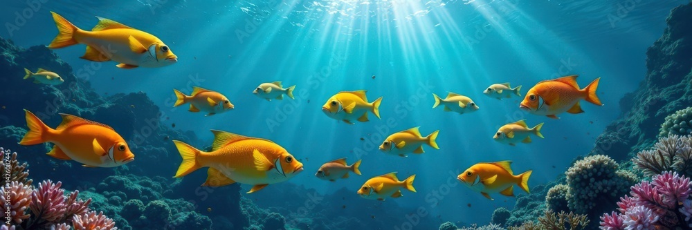 Naklejka premium school of colorful fish swim together in the ocean waters, aquatic, underwater, seafood